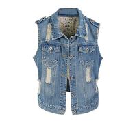 Femme Casual Gilet en Jean sans Manche Veste en Jean Court Blouson Bleu XL