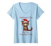 Femme Cat Christmas is Fine I'm Fine Grumpy Xmas Chaos T-Shirt avec Col en V
