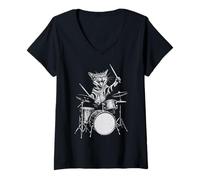 Femme Cat Drum Retro 90s Vintage Music Vibe for Batteurs T-Shirt avec Col en V
