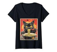 Femme Cat Eating Ramen Vintage Japanese Pop Art Noodles Cat T-Shirt avec Col en V