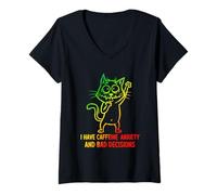 Femme Cat étrange coulant sur de la caféine et de l'arc-en-Ciel T-Shirt avec Col en V