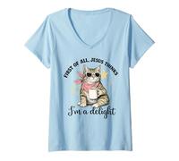 Femme Cat First of All Jesus Thinks I'm A Delight Religiious Women T-Shirt avec Col en V