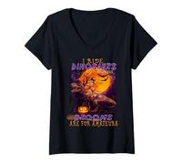 Femme Cat I Ride Dinosaurs Brooms are for Amateurs Funny Halloween T-Shirt avec Col en V