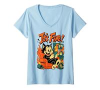 Femme Cat in Fire - It's Fine Meme Funny Texting Feline T-Shirt avec Col en V