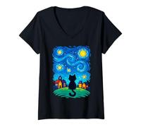 Femme Cat Looking at Starry Night Sky Colorful Moon Houses Stars T-Shirt avec Col en V