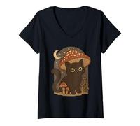 Femme Cat Lovers Mystical Black Cat Mushroom Cottagecore Aesthetic T-Shirt avec Col en V