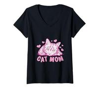 Femme Cat Mom Feline Lover Pink Kitty Hearts Design T-Shirt avec Col en V