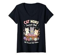 Femme Cat Moms Social Club Kawaii Cat Mom Funny Kitty Propriétaire T-Shirt avec Col en V