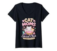 Femme Cat Moms Social Club Kawaii Cat Mom Funny Kitty Propriétaire T-Shirt avec Col en V