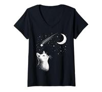 Femme Cat Moon Stars Celestial Vintage Art Society T-Shirt avec Col en V