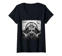 Femme Cat Pilot Jet Fighter Selfie Meme Drôle Hommes Femmes Garçons Enfants T-Shirt avec Col en V