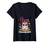 Femme Cat Queen of The Slot Machine à sous et Joueur Amateur de Jeux de Casino T-Shirt avec Col en V