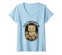 Femme Cat Rage Consumes Me Méme drôle de Marguerites Motif Chaton Mignon T-Shirt avec Col en V