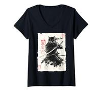 Femme Cat Samurai Japanese Sumi-e Painting Katana Art T-Shirt avec Col en V