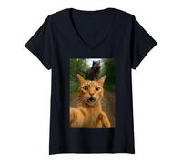 Femme Cat Selfie Escape from Dinosaur Funny for Kids Teens Adult T-Shirt avec Col en V