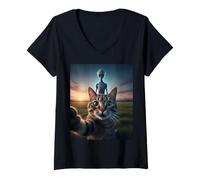 Femme Cat Selfie with Alien on The Back Funny for Kids Teens Adult T-Shirt avec Col en V