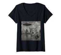 Femme Cat Selfie With Alien UFO Shirt Austin Cat UFO Invasion T-Shirt avec Col en V