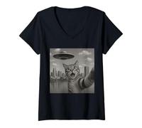 Femme Cat Selfie With Alien UFO Shirt Denver Cat UFO Invasion T-Shirt avec Col en V