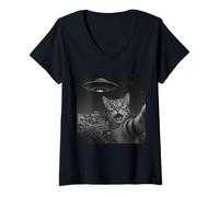 Femme Cat Selfie With Alien UFO Shirt Las Vegas Cat UFO Invasion T-Shirt avec Col en V