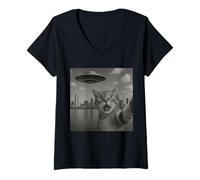 Femme Cat Selfie With Alien UFO Shirt San Diego Cat UFO Invasion T-Shirt avec Col en V