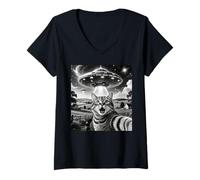 Femme Cat Selfie with Aliens UFO Funny Cats Alien Abduction T-Shirt avec Col en V