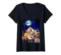 Femme Cat Selfie with Santa, Reindeer, and Sleigh Funny Christmas T-Shirt avec Col en V