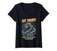 Femme Cat Shark Terror from The Deeps Rétro Ocean Monster Horror T-Shirt avec Col en V