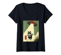 Femme Cat Soccer UFO Abduction Art Japonais T-Shirt avec Col en V