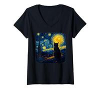 Femme Cat Starry Funny Night Cat Lover Van Gogh Cat Mom Cat Dad T-Shirt avec Col en V