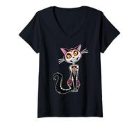 Femme Cat Sugar Skull Dia de Los Muertos, Day of The Dead T-Shirt avec Col en V