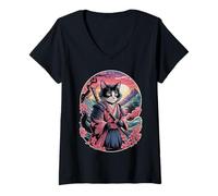 Femme Cat Ukiyo-e Japanese Cat Japan Style Anime Ninja Cute Cat T-Shirt avec Col en V