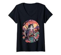 Femme Cat Ukiyo-e Japanese Cat Japan Style Anime Ninja Cute Cat T-Shirt avec Col en V