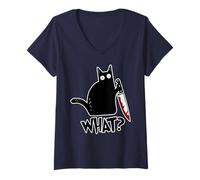 Femme Cat What? Chat Noir meurtrier avec Couteau T-Shirt avec Col en V