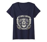Femme Catahoula Leopard Mom Biker Ailes en métal Cool Dog Mom Retro T-Shirt avec Col en V, Bleu Marine, S