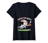 Femme Catch The Eggs Funny Easter Bunny Plongée Catch Baseball Boys T-Shirt avec Col en V