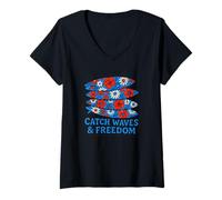 Femme Catch Waves and Freedom Planche de surf Motif floral T-Shirt avec Col en V