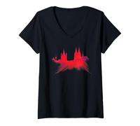 Femme Cathédrale de Cologne Peinture Rouge Silhouette Köln Skyline T-Shirt avec Col en V