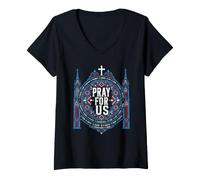 Femme Catholic Saints Pray for Us Vitrail Art de la cathédrale T-Shirt avec Col en V
