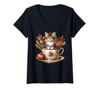 Femme Cats and Coffee Fall Themed Graphic for Cat Loving Grandma T-Shirt avec Col en V