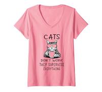 Femme Cats Don't Work They Supervise Everything Humour Cat T-Shirt avec Col en V