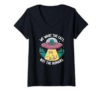 Femme Cats et extraterrestres, Amoureux des Chats T-Shirt avec Col en V