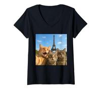 Femme Cats Selfie in Paris Romantic Cat Moment Gift T-Shirt avec Col en V