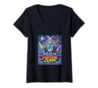 Femme Cats Space Clash, Space Cats Illustration Graphic Cartoon T-Shirt avec Col en V