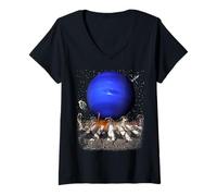 Femme Cats Walking in Space Cat Astronaut Neptune Planet Cat Lover T-Shirt avec Col en V