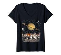Femme Cats Walking in Space Cat Astronaut Saturn Planet Cat Lover T-Shirt avec Col en V