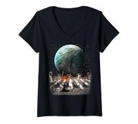 Femme Cats Walking in Space Earth Moon Funny Kitty Cat Astronaut T-Shirt avec Col en V