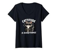 Femme Cattitude is Everything Chat Kawaii Mignon avec Attitude Cool T-Shirt avec Col en V