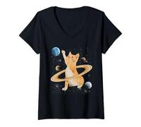 Femme Caturn Saturn Cat in Space Funny Kitten Cats Lovers Galaxy T-Shirt avec Col en V