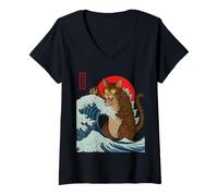 Femme Catzilla Attaque la Grande Vague de Funny Cat Lover's Monster T-Shirt avec Col en V