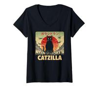 Femme Catzilla Cat Japanese Art Funny Cat Gifts for Men Women Kid T-Shirt avec Col en V